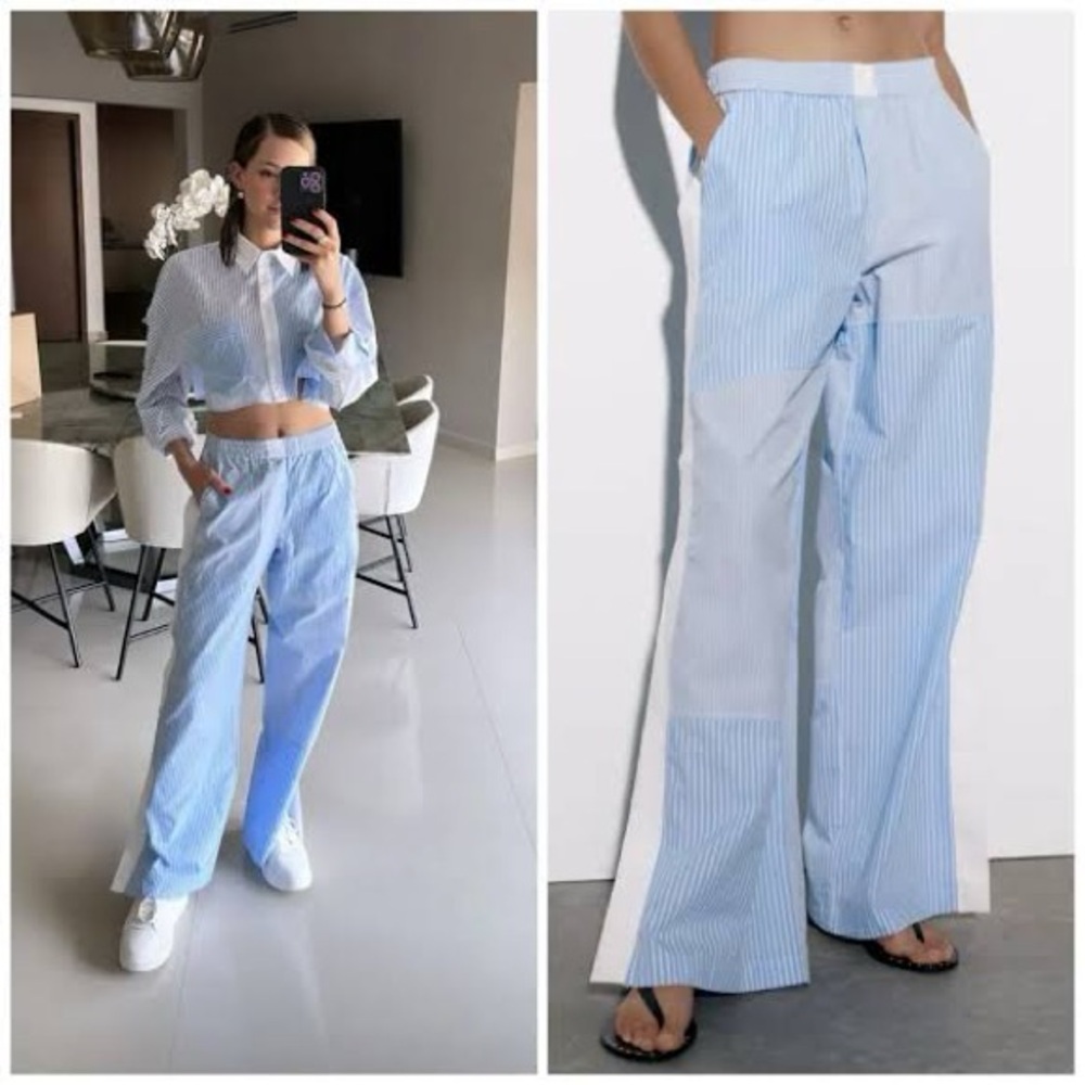 Zara Light Blue Striped Wide Leg Pants Sz Large